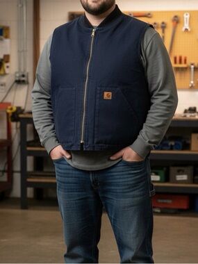 Vintage Carhartt Navy Quilted Work Vest with Brass Zip